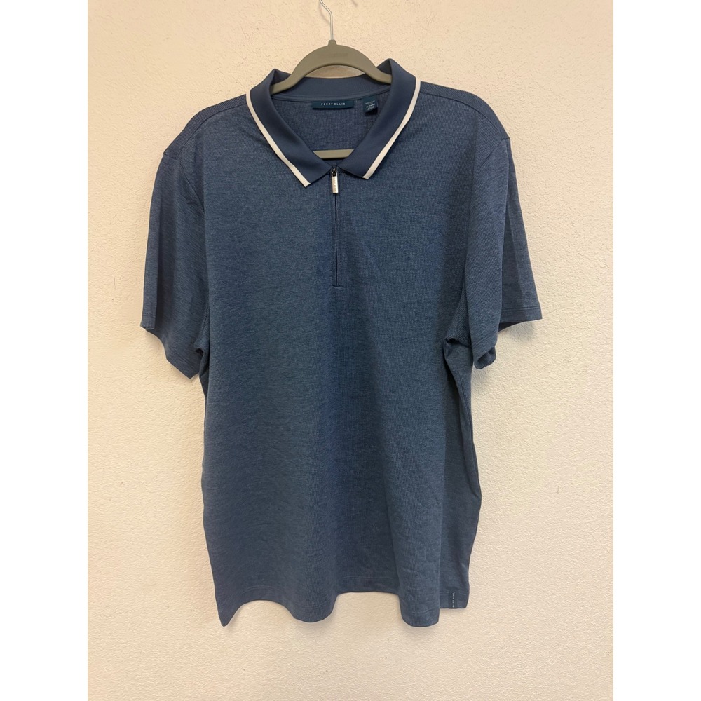 Perry Ellis Mens Blue Heathered Quarter Zip Short Sleeve Polo Shirt XL
